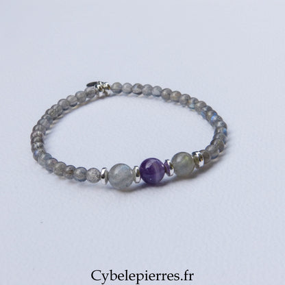 Bracelet Duo Signature – Labradorite & Améthyste (6 mm) – 18 cm