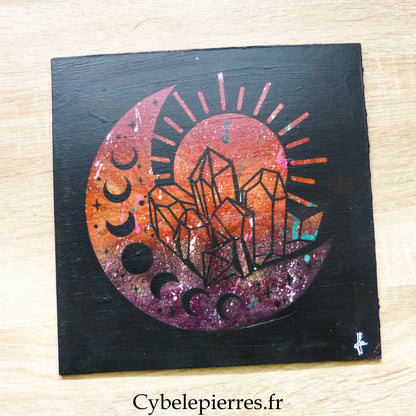 Tableau Cycle Lunaire & Cristaux – Peinture Acrylique sur Toile Coton (25×25 cm)