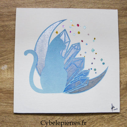 Tableau Chat Cristal Bleu – Infusible Ink & Feutre sur Toile Coton (25×25 cm)