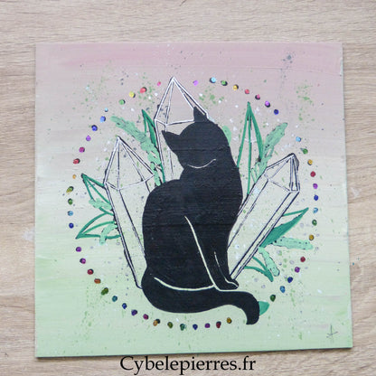 Tableau Chat & Cristaux – Peinture, Feutre et Foil sur Toile Coton (25×25 cm)