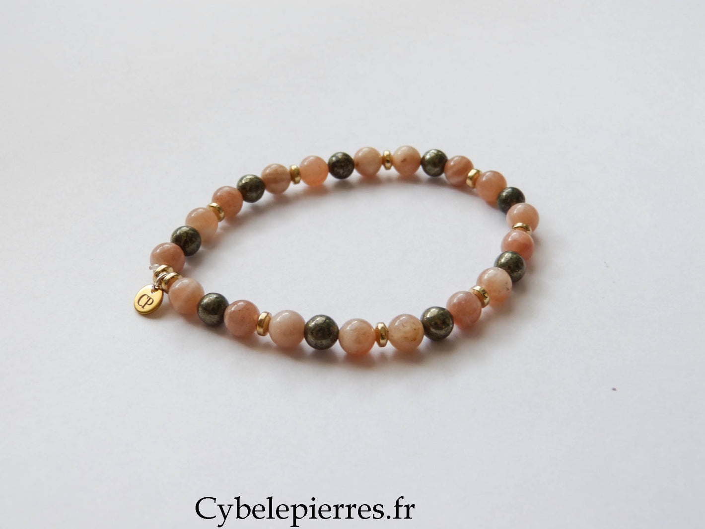 Bracelet Esperanza- Pierre de Soleil et Pyrite (6mm) - 18cm