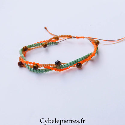 Bracelet “Trio Estival – Soleil Sauvage” – micro macramé & œil de tigre facetté