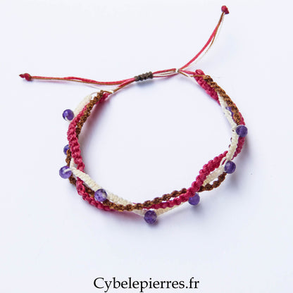 Bracelet “Trio Estival – Éclat Framboise” – micro macramé & améthyste