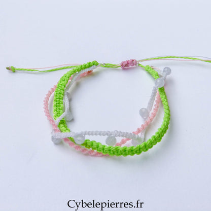 Bracelet “Trio Estival – Sorbet Douceur” – micro macramé & quartz rose facetté