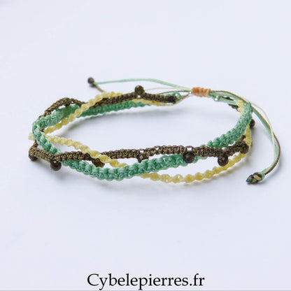 Bracelet “Trio Estival – Brise Minérale” – micro macramé & obsidienne dorée facettée