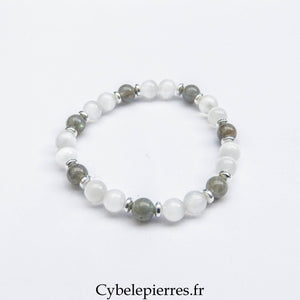 Bracelet "Ours Polaire" - Sélénite et labradorite (6mm) -17cm
