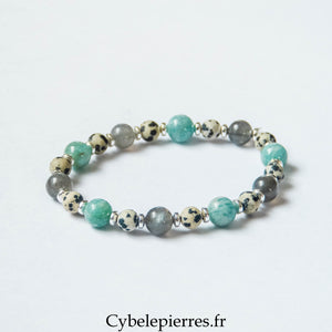 Bracelet Équateur – Amazonite, Labradorite et Jaspe Dalmatien (6 et 8 mm) – 18 cm | Apaisement, Protection et Harmonie