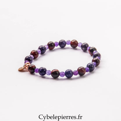 Bracelet Charoïte, Œil de Taureau et Améthyste Facettée (6 et 3 mm) – 17 cm | Protection, Sérénité et Vitalité