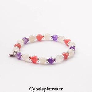 Bracelet Clair de Lune – Rhodochrosite, Améthyste et Pierre de Lune Blanche (6 mm) – 18 cm | Douceur, Intuition et Évolution