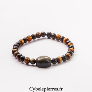Bracelet Gardien Félin – Œil de Tigre et Obsidienne Dorée (6 mm) – 18 cm | Protection, Courage et Intuition