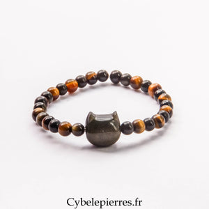 Bracelet Gardien Félin – Œil de Tigre et Obsidienne Dorée (6 mm) – 18 cm | Protection, Courage et Intuition