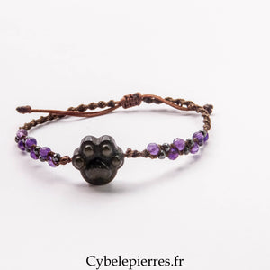 Bracelet macramé réglable - Améthyste facettée (4mm) et breloque patoune en Obsidienne dorée (2cm) | Sérénité et Protection
