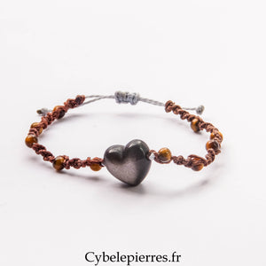 Bracelet macramé Œil de Tigre (4mm) et Cœur en Obsidienne Argentée (2cm) | Protection et Stabilité