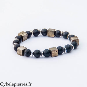 Bracelet Pouvoir intense - Pyrite carrée et Onyx mat (8mm) - 18m
