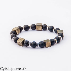 Bracelet Pouvoir intense - Pyrite carrée et Onyx mat (8mm) - 18m