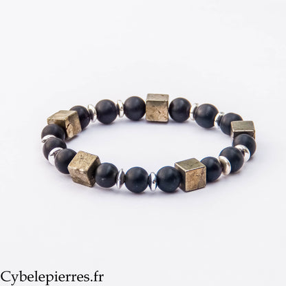 Bracelet Pouvoir intense - Pyrite carrée et Onyx mat (8mm) - 18m