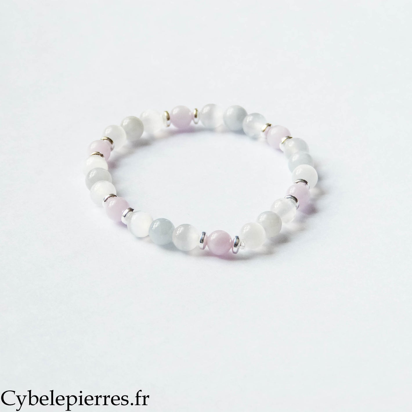 Bracelet Respiration – Calcite bleue, Sélénite et Kunzite (6 mm) – 17 cm | Apaisement et Clarté intérieure