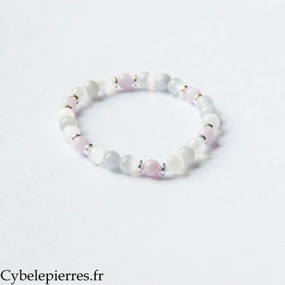 Bracelet Respiration – Calcite bleue, Sélénite et Kunzite (6 mm) – 17 cm | Apaisement et Clarté intérieure