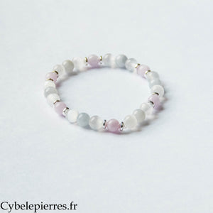 Bracelet Respiration – Calcite bleue, Sélénite et Kunzite (6 mm) – 17 cm | Apaisement et Clarté intérieure