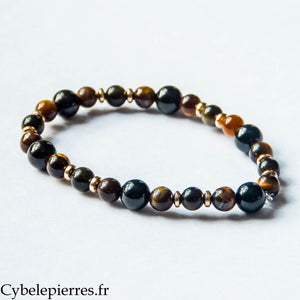 Bracelet Mystère doré – Œil de tigre, Obsidienne dorée et Spinelle (6 et 8 mm) – 18 cm | Vigilance et Solidité intérieure