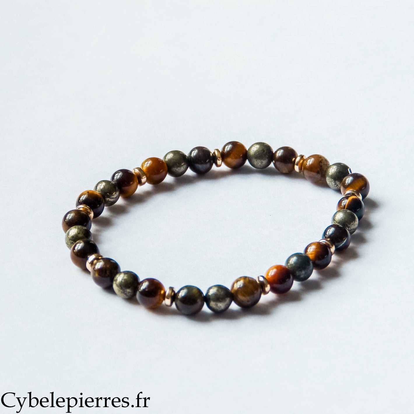 Bracelet Je vais y arriver / Projets – Œil de tigre et Pyrite (6 mm) – 18 cm | Motivation et Confiance