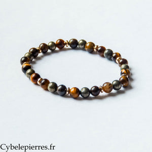 Bracelet Je vais y arriver / Projets – Œil de tigre et Pyrite (6 mm) – 18 cm | Motivation et Confiance
