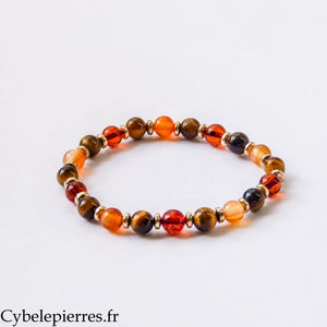 Bracelet Solstice – Œil de Tigre, Ambre et Cornaline (6 mm) – 17 cm | Énergie et Confiance