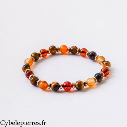 Bracelet Solstice – Œil de Tigre, Ambre et Cornaline (6 mm) – 17 cm | Énergie et Confiance