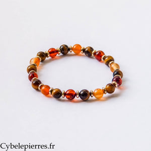Bracelet Solstice – Œil de Tigre, Ambre et Cornaline (6 mm) – 17 cm | Énergie et Confiance