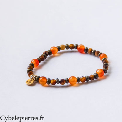 Bracelet Déclic – Cornaline, Œil de tigre facetté et Pyrite (6 mm, 4 mm et 2 mm) – 17 cm | Motivation et Assurance