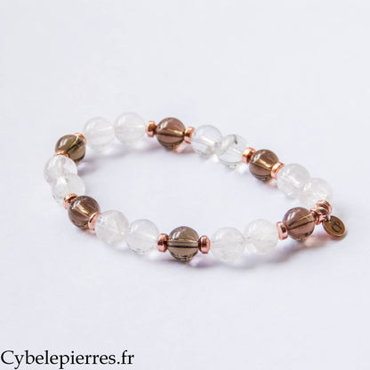 Bracelet Cristal de Roche et Quartz Fumé (8 mm) – 18 cm | Clarté et Ancrage