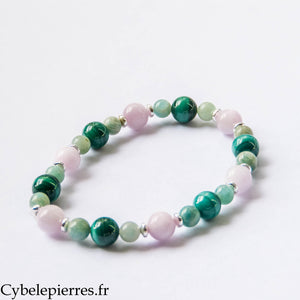 Bracelet Cœur stable – Malachite, Amazonite et Kunzite (6 et 8 mm) – 19 cm | Équilibre émotionnel et Douceur