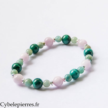 Bracelet Cœur stable – Malachite, Amazonite et Kunzite (6 et 8 mm) – 19 cm | Équilibre émotionnel et Douceur