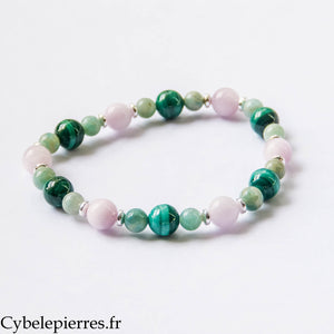 Bracelet Cœur stable – Malachite, Amazonite et Kunzite (6 et 8 mm) – 19 cm | Équilibre émotionnel et Douceur