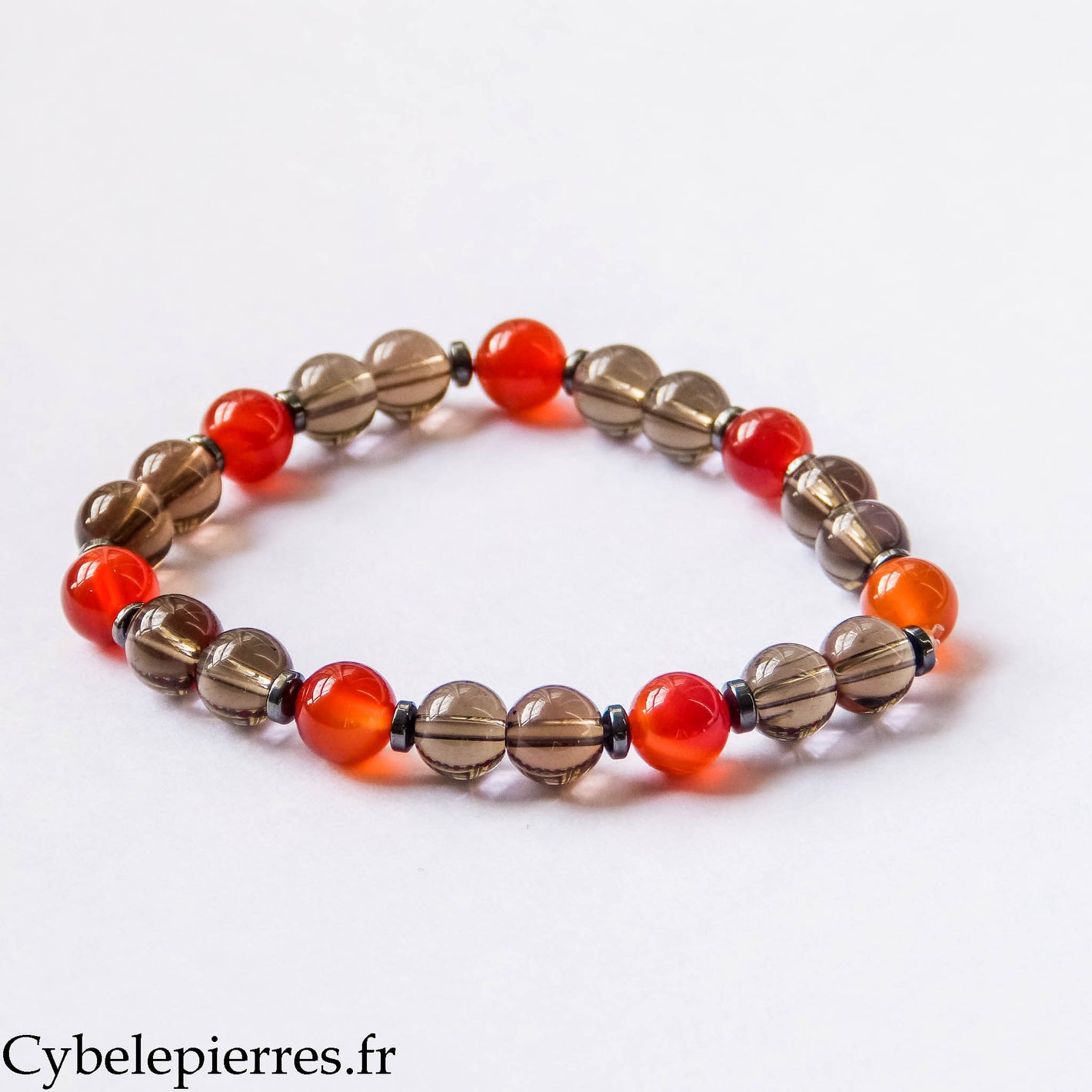 Bracelet Amon  - Quartz fumé et Cornaline (8mm) - 20cm