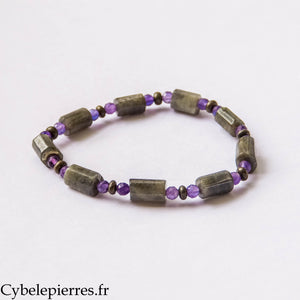 Bracelet Clarté profonde – Labradorite (10 mm), Améthyste facettée (3 mm) et Pyrite (2 mm) – 18 cm | Lucidité et Protection