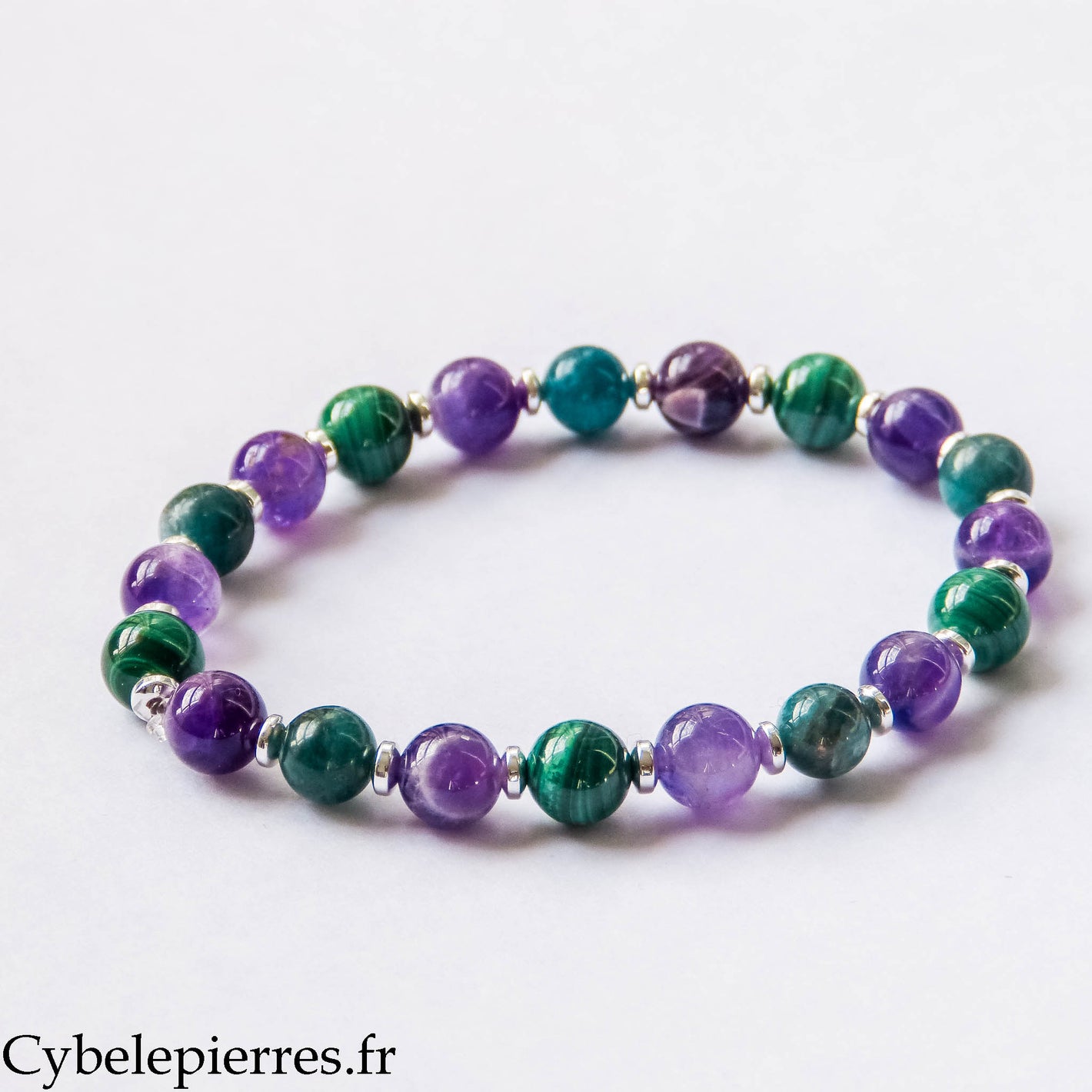 Bracelet Améthyste, Malachite et Apatite bleue (8 mm) – 20 cm | Clarté, Expression et Stabilité