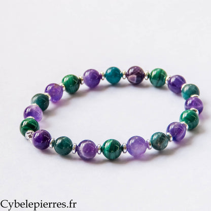 Bracelet Améthyste, Malachite et Apatite bleue (8 mm) – 20 cm | Clarté, Expression et Stabilité