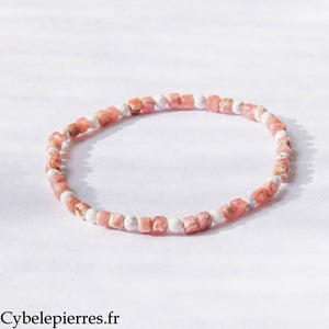 Bracelet Équilibre et Douceur – Rhodochrosite et Howlite (3 mm carré facetté) – 18 cm | Amour de soi et Apaisement