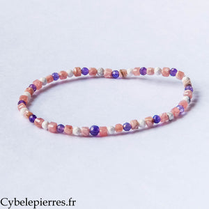 Bracelet Sérénité Absolue – Améthyste, Howlite et Rhodochrosite (4 mm carré facetté) – 18 cm | Lâcher-prise et Paix
