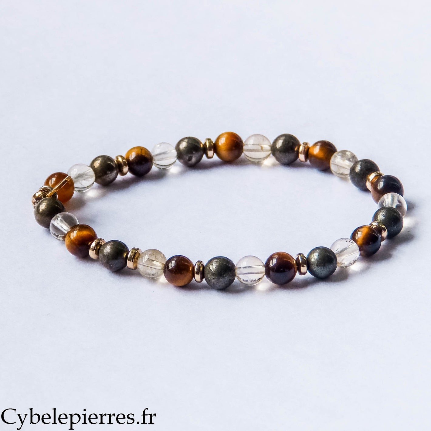 Bracelet Chance – Œil de Tigre, Citrine & Pyrite (6mm) – 18 cm | Prospérité & Réussite