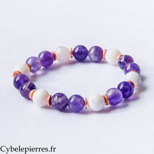 Bracelet Sérénité – Opale laiteuse et Améthyste (10 mm) – 19 cm | Calme et Clarté