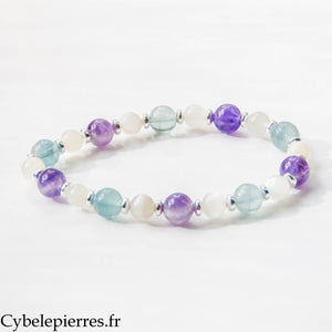 Bracelet Phébé – Améthyste, Fluorine Bleue et Pierre de Lune (6 et 8 mm) – 18 cm | Clarté et Intuition