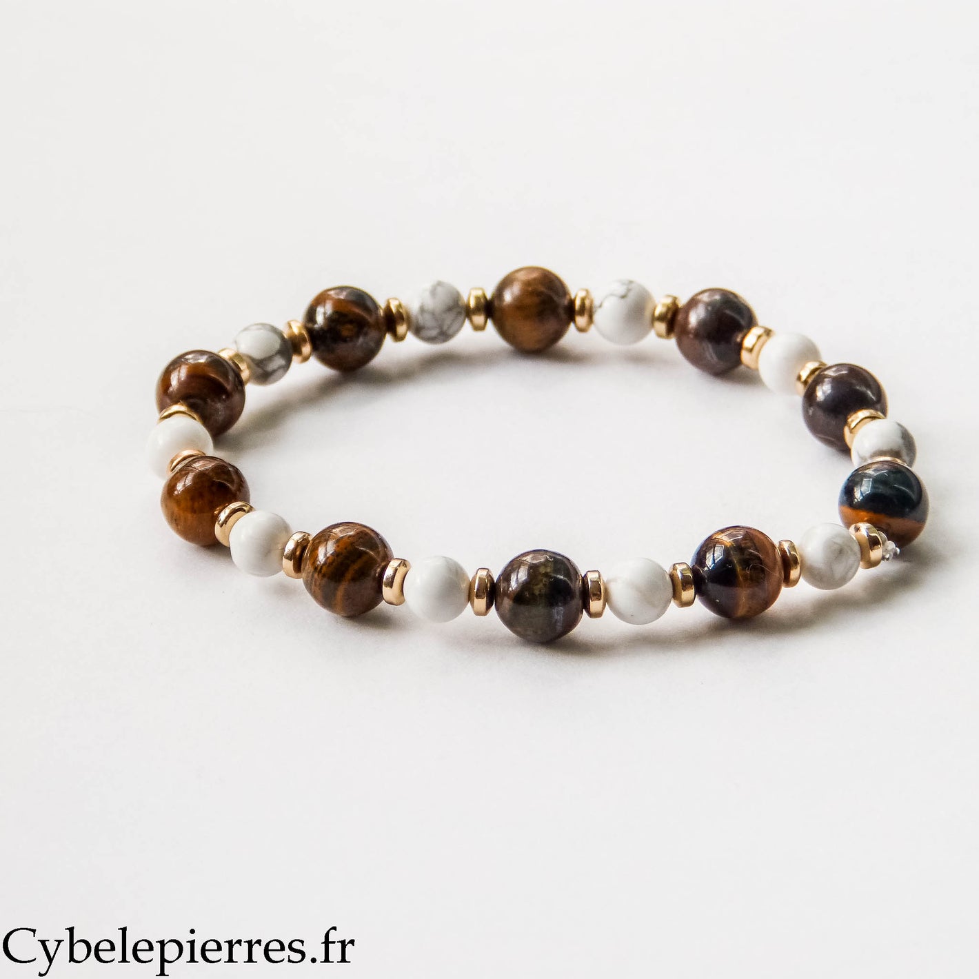 Bracelet Aphaia – Œil de Tigre (8 mm) & Howlite (6 mm) - 17 cm | Sérénité et Détermination