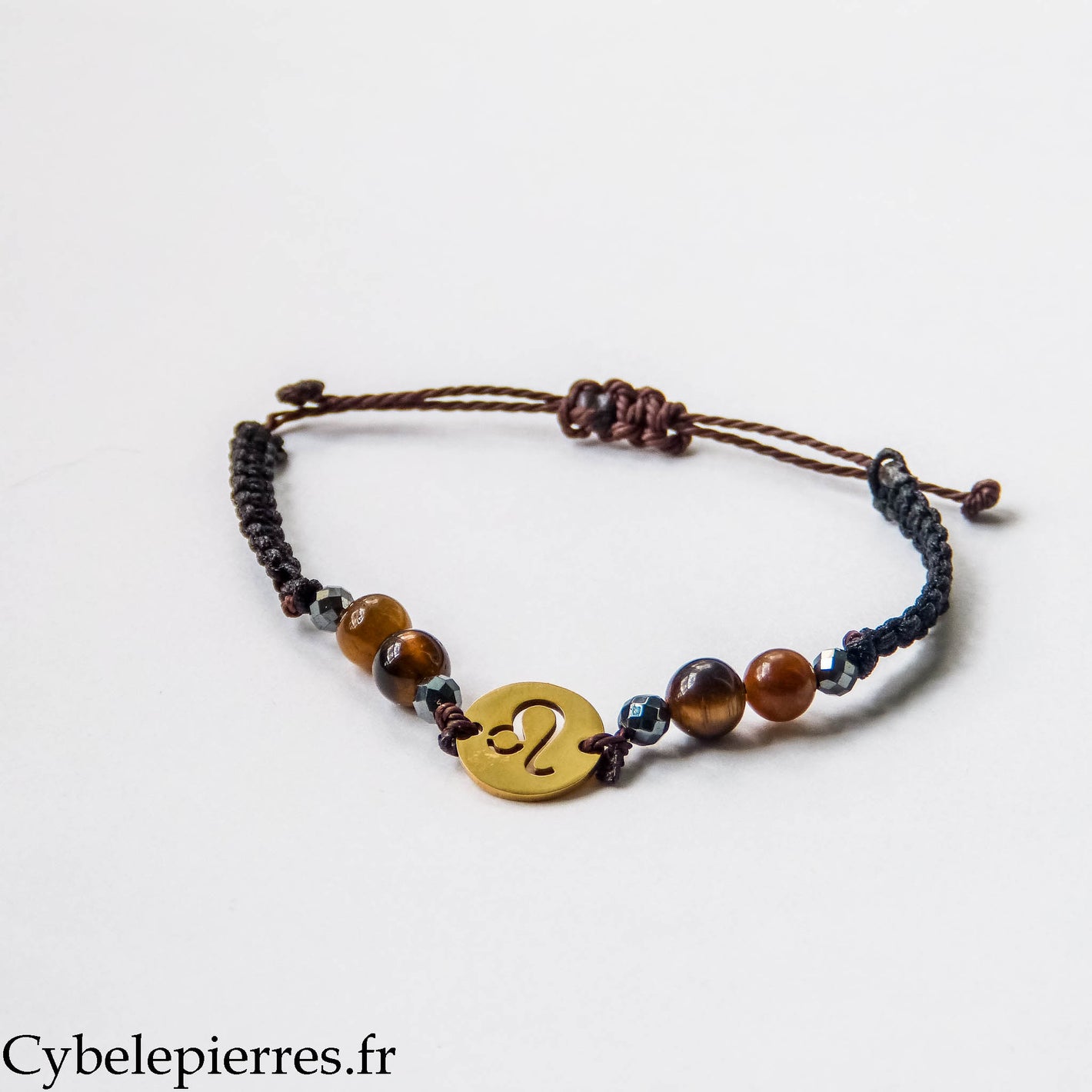 Bracelet Astrologie Lion Œil de Tigre – Réglable, Breloque Dorée