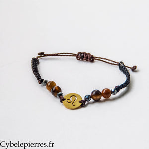 Bracelet Astrologie Lion Œil de Tigre – Réglable, Breloque Dorée