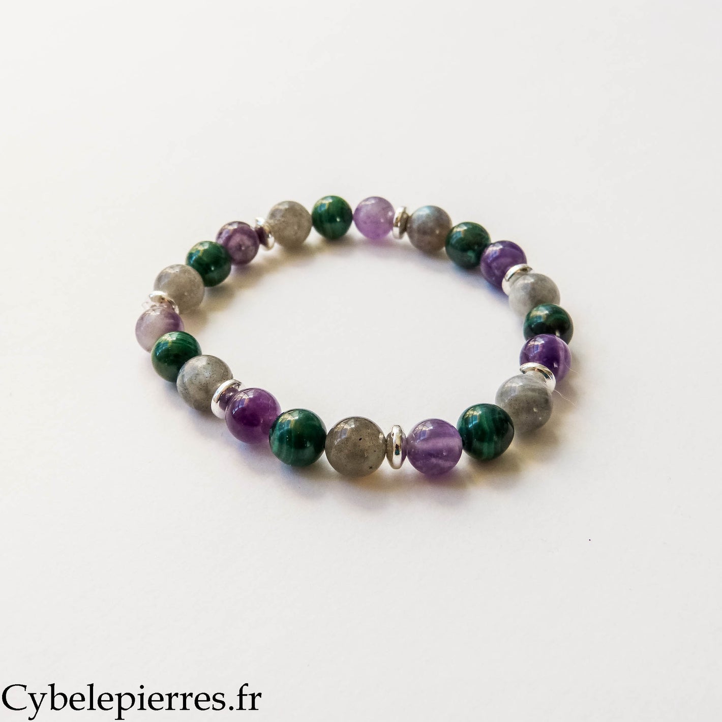 Pulsera Emociones – Malaquita, Labradorita y Amatista (8 mm) – 19 cm | Equilibrio y Protección