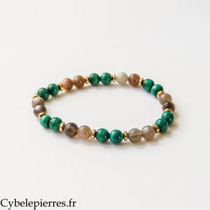 Bracelet Clarté – Pierre de lune et Malachite (6 mm) – 17 cm | Intuition et Renouveau