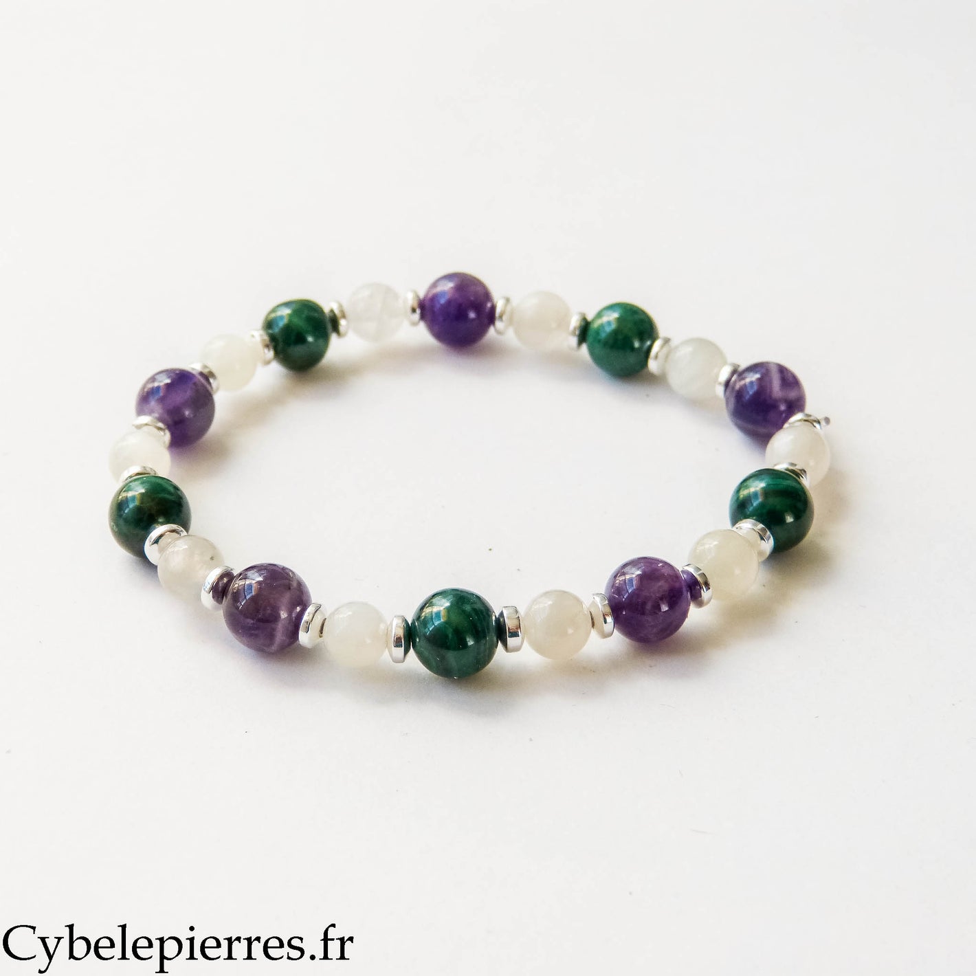 Adventure Bracelet - White Moonstone, Amethyst and Malachite (8 mm and 6 mm) - 18 cm | Intuition and Renewal