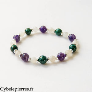 Adventure Bracelet - White Moonstone, Amethyst and Malachite (8 mm and 6 mm) - 18 cm | Intuition and Renewal